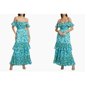 Amur Pia Floral Pleated Maxi-Dress in Garden Blues US 2 $648
